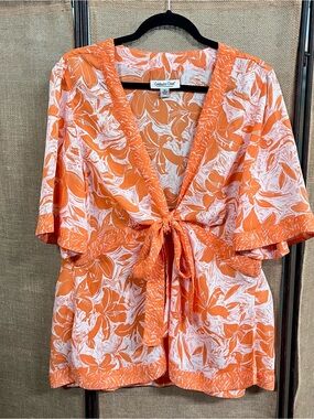 Coldwater Creek Orange & White Floral Tie-Front Tropical Kimono